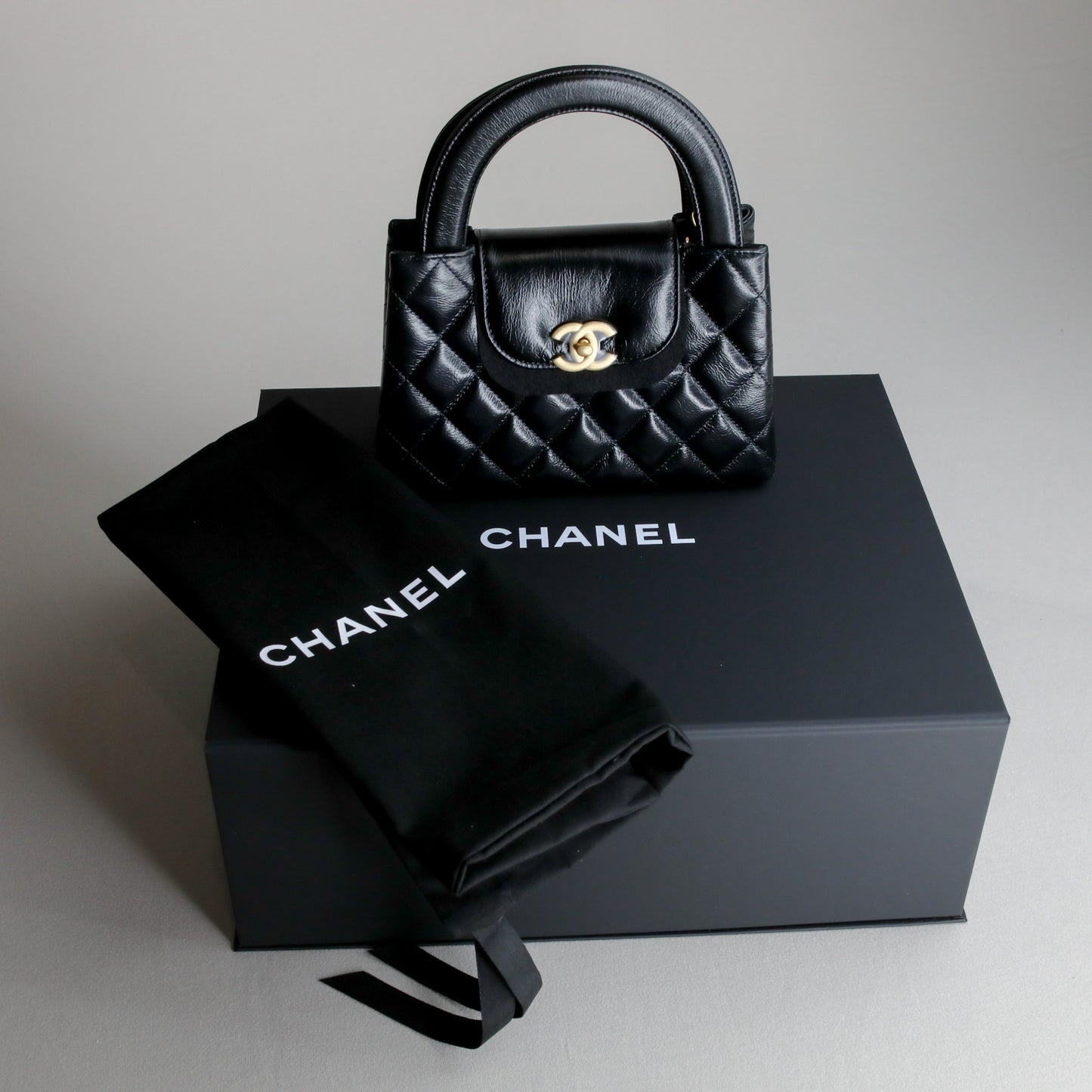 Chanel Kelly Nano Black Calf Skin Top Handle Shopping Bag